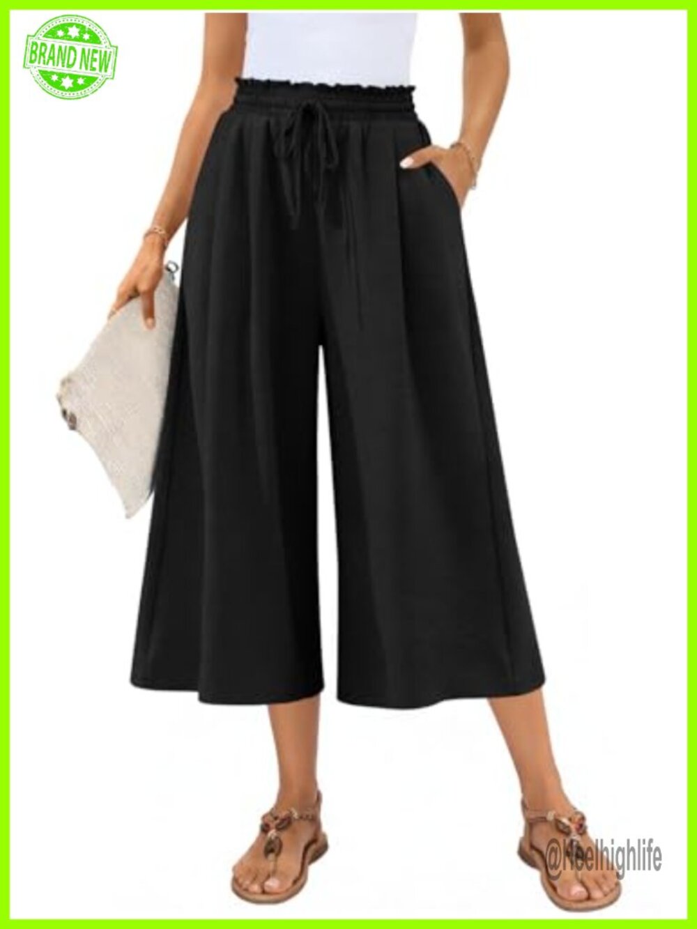 Wide Leg Capri Palazzo Pants High Waisted Boho Gauchos with Pockets